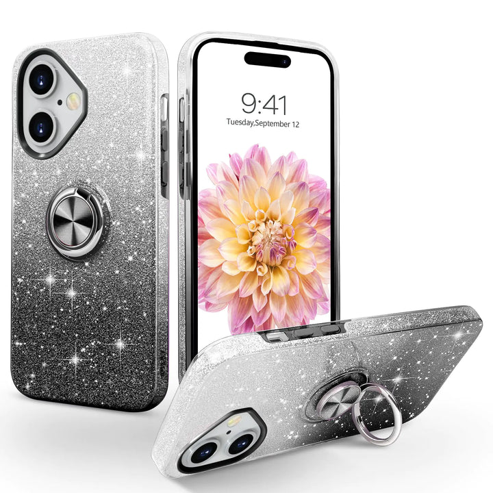 SouLips iPhone 16 Case iPhone 16 Phone CaseMagnetic Car Mount Supported Slim Thin Glitter Sparkle with 360° Ring Holder Kickstand Shockproof Protective Phone Cover for iPhone 16 6.1"Gradient Black