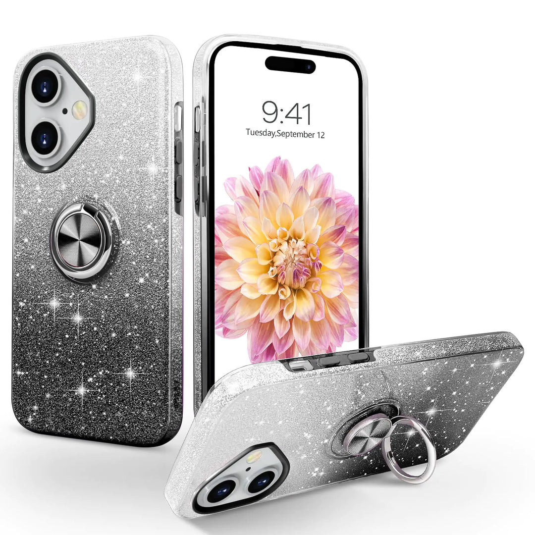 SouLips iPhone 16 Case iPhone 16 Phone CaseMagnetic Car Mount Supported Slim Thin Glitter Sparkle with 360° Ring Holder Kickstand Shockproof Protective Phone Cover for iPhone 16 6.1"Gradient Black
